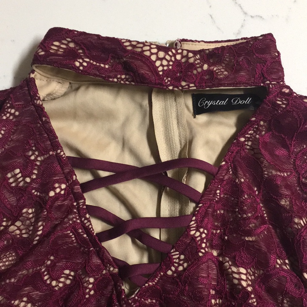 NWT Crystal Doll nude&burgundy lace dress